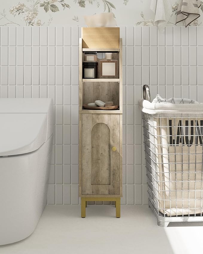 Hzuaneri Bathroom Storage Cabinet, Small Corner Floor Cabinet with Door and Shelves, Narrow Toilet Paper Holder, Bathroom Organizer with Adjustable Shelf, for Small Spaces, Rustic Greige BC08205X