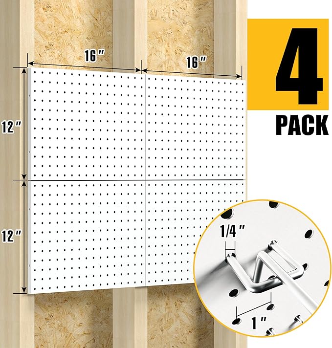 Spampur Peg Board, 4 Pack Metal Pegboard Panels with 50 Hooks, White Pegboards Wall Organizer, Heavy Duty Peg Board for Walls Home, Garage Tool Storage, Office Organization, Craft Room, Kitchen