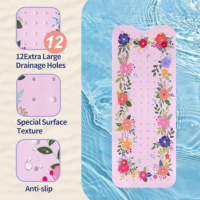 Pink Floral Bathtub Mat Non Slip for Kids 40x16in Extra Long Anti Slip Flower Bath Mat for Tub Bath Shower Mat with Large Drain Holes and Suction Cups Quality Modern Art Plant Design Bathroom Decor