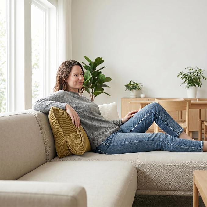 Pat. Pend. Corduroy Lumbar Support Back Pillow for Reading & Lounging, Ergonomic Triangle Cushion for Sofa, Armchair & Bed Sitting, Removable Washable Cover, Mustard Yellow