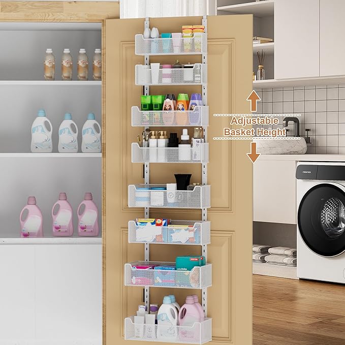 VyGrow Over The Door Organizer, 8-tier Metal Door Organizer Hanging with Adjustable Baskets, Behind The Door Storage for Bedroom Closet Bathroom Pantry Cabinet Kitchen, White