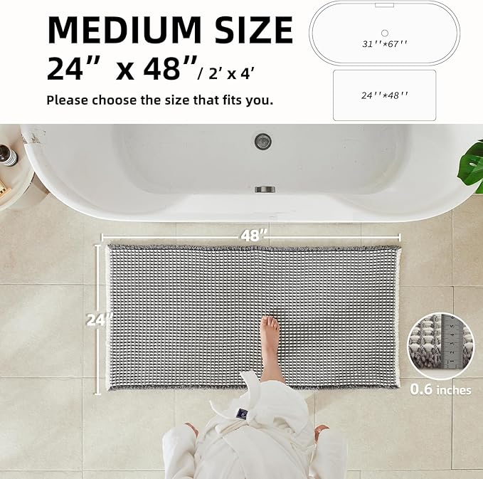 TYUU Waffle Bath Mat, Boho Bathroom Rugs Non Slip Washable Super Absorbent Quick Dry Bath Mat Farmhouse Bathroom Decor, 48"x24" Grey and White