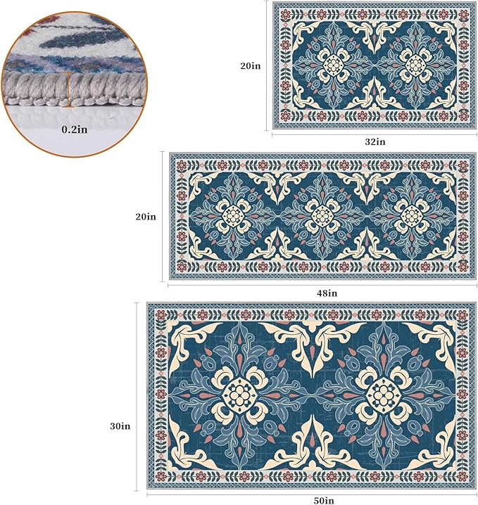 Kitchen Rugs Set of 3, Non-Slip & Washable Floor Mats, Water-Absorbent Area Pad, Standing Desk Mat for Office, Home, Doorway, Laundry, Kitchen Accessories (Retro Blue)