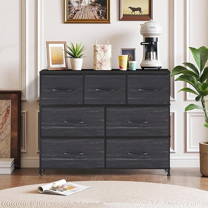 7-Drawer Dresser for Bedroom, Anti-Tip Wide Storage Organizer Fabric Chest of Drawers TV Stand for 45" TV with Wooden Top and Metal Frame for Closet, Living Room, Hallway, Entryway, Charcoal Black
