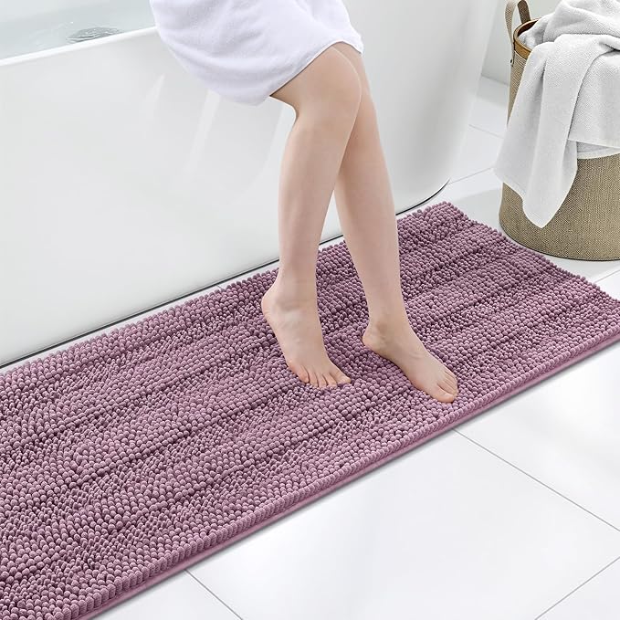 Grandaily Chenille Striped Bathroom Rugs 59x20, Extra Thick and Soft Absorbent Bath Mats, Rubber Backing, Plush Shaggy Shower Carpet, Machine Wash Dry, Bath Rug for Bathroom, Deep Plum