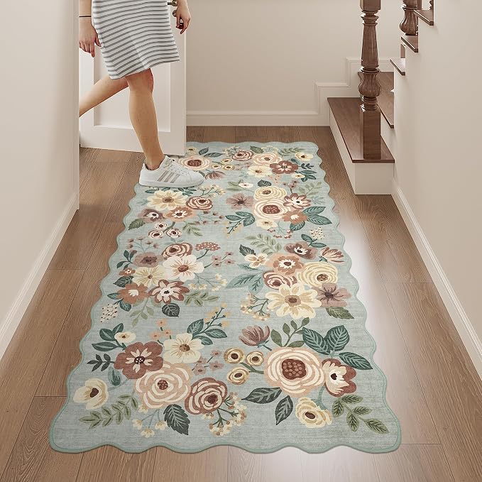 DUKINO 2x4 Washable Runner Rugs, Non Slip Floral Print Entryway Rug with Soft Low Pile, Lightweight Mat for Living Room, Bathroom, Bedroom, Kitchen, Sage Green
