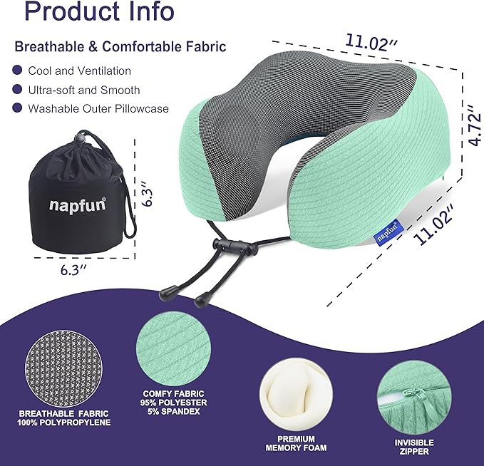 napfun Neck Pillow for Traveling, Upgraded Travel Neck Pillow for Airplane 100% Pure Memory Foam Travel Pillow for Flight Headrest Sleep, Portable Plane Accessories, Turquoise