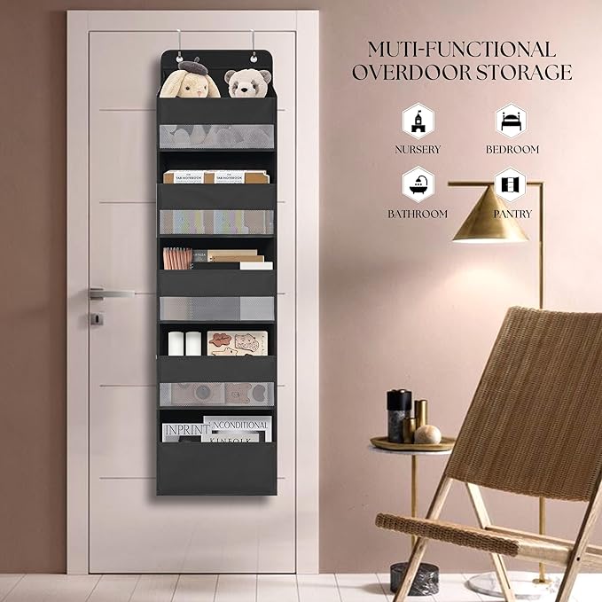 TYMENSH Black Over Door Organizer with 5 Large Clear Pockets and 6 Side Mesh Pockets, Anti-Tilt Hanging Door Storage for Closet, Bathroom, Nursery, Bedroom, Dorm, Toys, Cosmetics