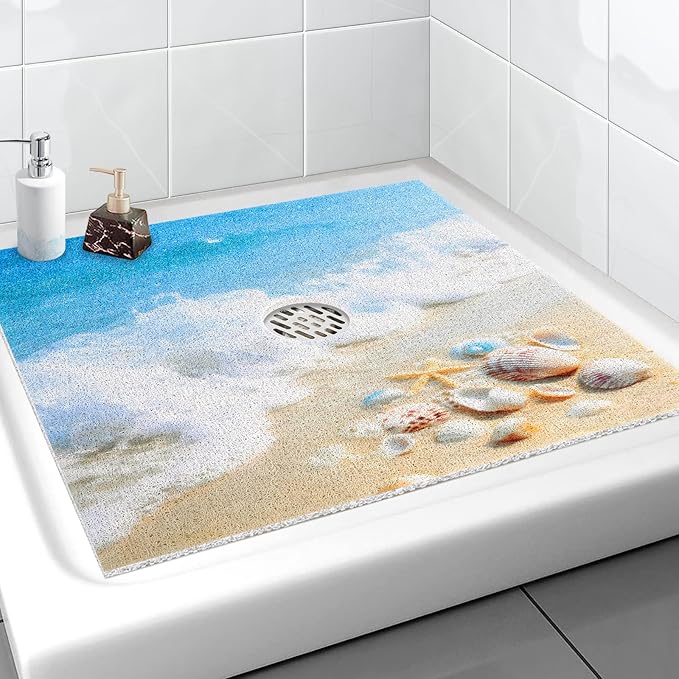 Square Shower Mat, Yonala 32 x 32 Inch Stylish Non Slip Shower Mats for Inside Shower with Central Drain Hole, Soft Trimmable PVC Loofah Anti Slip Shower Mat for Walk in Shower Stall, Quick Drying
