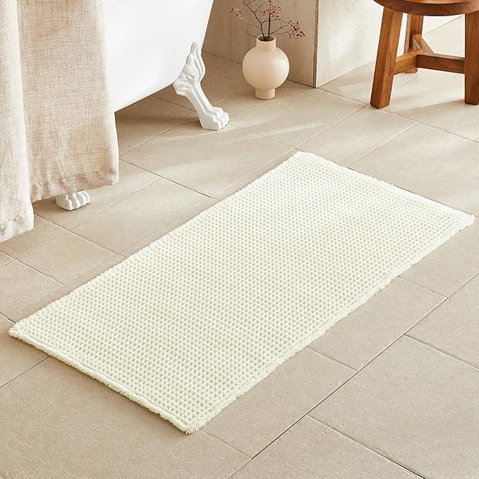 TYUU Cream White Bathroom Rugs, Waffle Bath Mat Non Slip Washable Super Absorbent Quick Dry Boho Farmhouse Bathroom Decor, 48"x24" Cream White