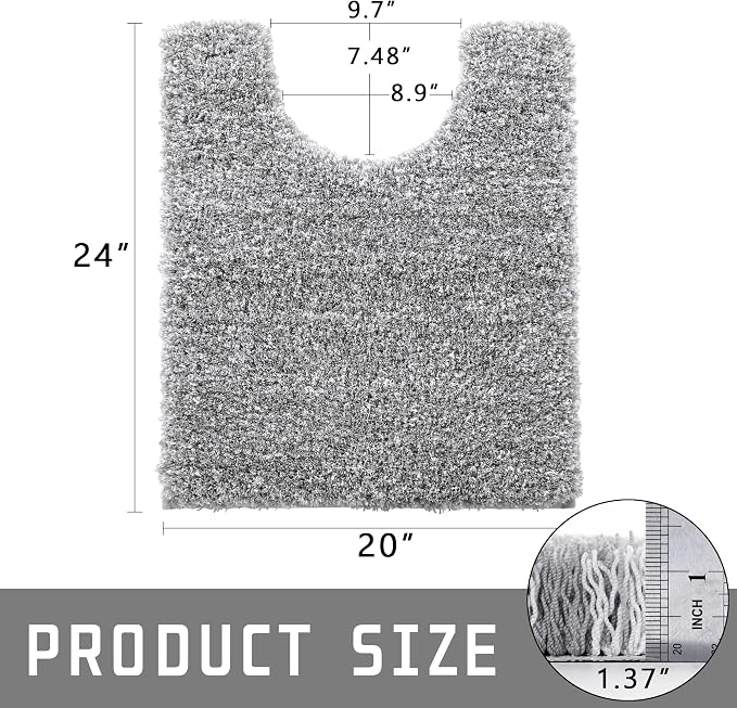Yimobra Fluffy Toilet Rugs U Shaped, Shaggy Soft Comfortable Non Slip, Water Absorbent Microfiber Bath Mat, Dries Quickly, Machine Washable Thick Bathroom Floor Rugs, 24"x 20", Light Gray and White