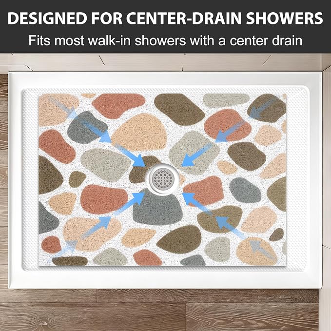 Non Slip Shower Mat: 47.2x31.5 Inch Extra Large Shower Mats for Inside Shower with Drain Hole in Middle - Soft PVC Loofah Anti Slip Shower Floor Mat for Standing and Walk-in Shower, Quick Drying