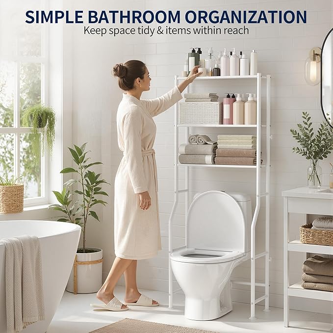 GloTika 3-Tier Over Toilet Storage Rack, Metal Over Toilet Bathroom Organizer Shelf, Freestanding Space Saver Storage Shelves for Bathroom/Laundry/Living Room (White)