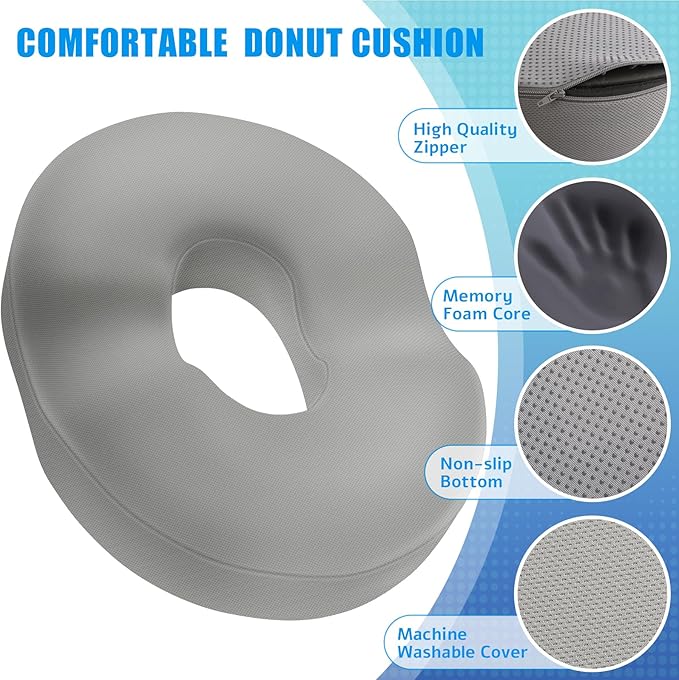 BlissTrends Donut Pillow Seat Cushion,Donut Chair Cushions for Postpartum Pregnancy & Hemorrhoids,Tailbone Pain Relief Cushion,Memory Foam Lifting Cushions for Office&Home Chairs (Light Grey)