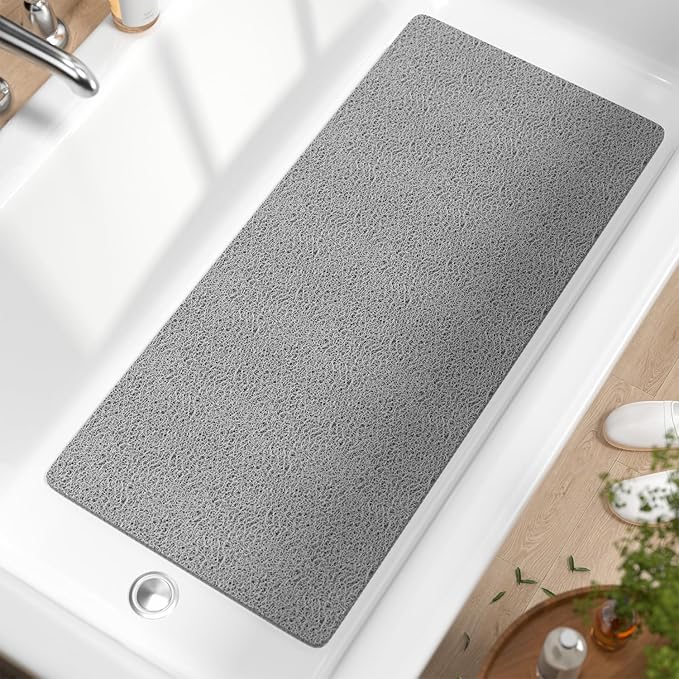 HITSLAM Bathtub Mat Non Slip, 35 x 16 Inch Long Soft PVC Loofah Shower Mat, Bath Mat for Tub Without Suction Cups, Quick Drying Bath Tub Mat for Shower and Bathroom, Easy to Clean, Grey