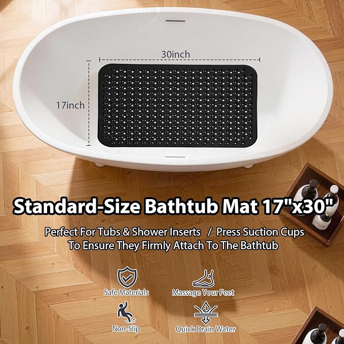 Black Bathtub Mat Shower Mat Non Slip 17x30 Inch Standard Size, Soft Bubble Bath Tub Mat Shower Mats for Inside Shower Bathroom Floor Mat with Big Suction Cups & Drain Holes, BPA-Free