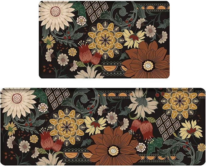 Bulijojo Bohemian Floral Anti Fatigue Kitchen Floor Mats Set of 2 Waterproof Kitchen Sink Runner Rug Standing Mat Cushioned Kitchen Rugs Comfort Doormat 17"x47"+17" x30“