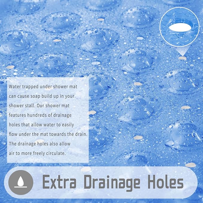 Yimobra Shower Stall Mat Non Slip, 21X21 Inch, Soft Square Bath Mat for Shower with Suction Cups and Drain Holes, Stall Floor Mats for Bathroom, Machine Washable, Bathroom Accessories, Clear Blue