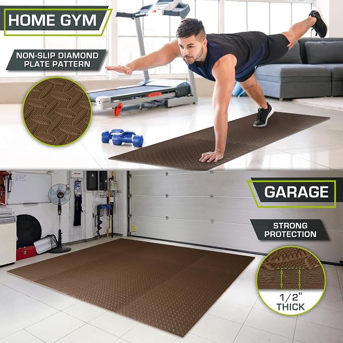 ProsourceFit Exercise Puzzle Mat 1/2-inch, EVA Interlocking Foam Floor Tiles for Home Gym, Workout Equipment, Kids Play Areas, Brown, 96 Sq Ft - 24 Tiles