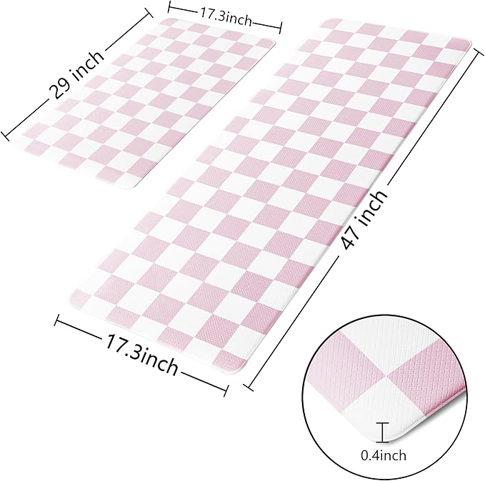 Pink Checkered Grid Checkerboard Kitchen Rug Sets [2 PCs], Anti-Fatigue, Waterproof Non-Slip Kitchen Mats Heavy Duty Ergonomic Comfort Foam Rug for Floor, Home, Laundry,Easter 17"x29"+17"x47"