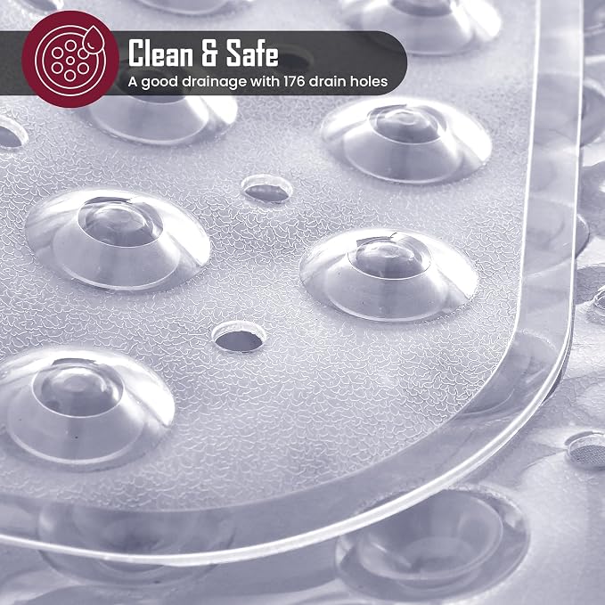 LUX Décor Non-Slip Bathtub Mat, Extra Large 40x16 Inches – Anti-Slip Safety Shower Mat with Suction Cups & Drain Holes – Machine Washable Bath Mat – Clear