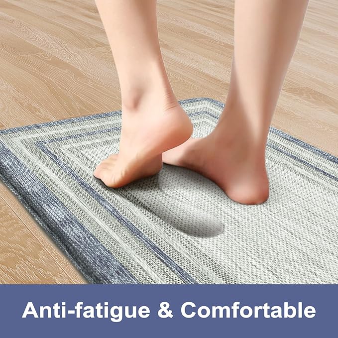 KIMODE Farmhouse Kitchen Runner Rug,17.3" x 59" Anti Fatigue Kitchen Mats for Floor Cushioned,Non-Skid Waterproof Kitchen Floor Standing Mat for Front Sink,Laundry Room,Blue and Gray