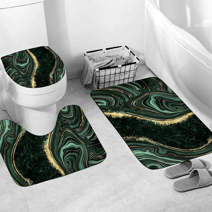 Nkzply 4 Pcs Green Marble Shower Curtain Sets with Rugs Gold Bathroom Sets with Shower Curtain and Rugs Modern Abstract Bathroom Decor Accessories Shower Curtains for Bathroom Toilet Lid Cover