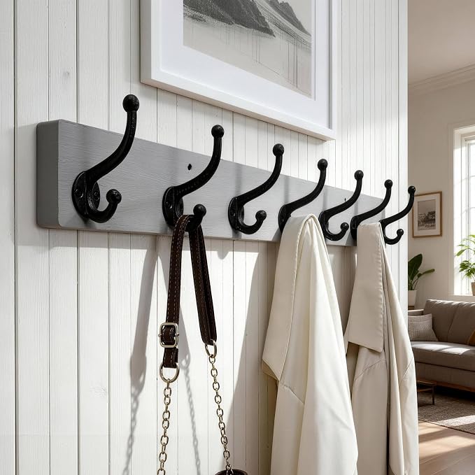 WEBI Rustic Coat Rack Wall Mount,30" Long 7 Cast Iron Coat Hooks Wall Mounted,Heavy Duty Wood Wall Coat Hanger Hooks for Hanging Coats,Jacket,Clothes,Backpack,Farmhouse,Gray