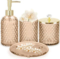 Haturi Amber Brown Bathroom Accessories Set, 4Pcs Glass Bathroom Accessory Set Complete w/Soap Dispenser, Toothbrush Holder, Qtip Holder, Soap Dish, Gold Bathroom Decor Sets, Gift for Home Apartment