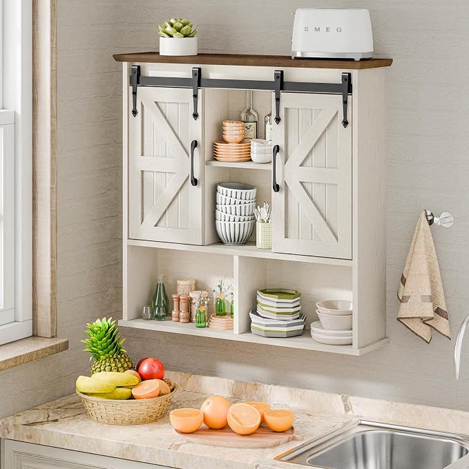 Vabches Bathroom Wall Cabinet, Farmhouse Medicine Cabinet with Double Sliding Barn Door and Adjustable Shelves, Wooden Vintage Storage Cabinet Wall Mounted for Bathroom, Kitchen Dining, Rustic White