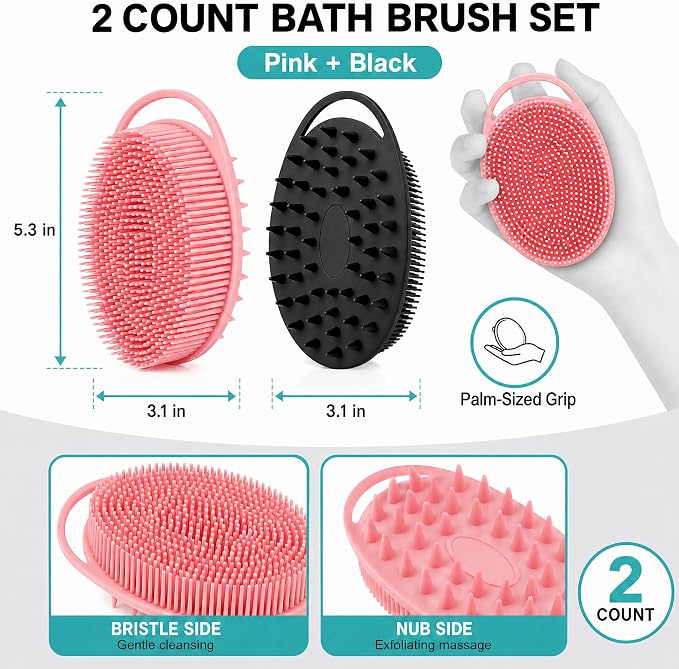 2 Pack Silicone Body Scrubber, Loofah Double-Sided Body Brush,Shower Scrubber and Scalp Massager Shampoo Brush for Sensitive Kids Women Men All Kinds of Skin (Black & Pink)
