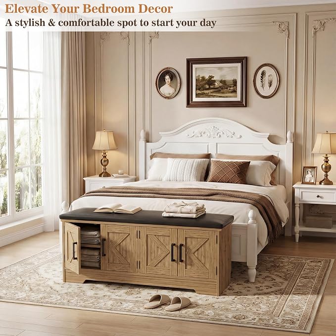 Farmhouse Shoe Storage Bench with Cushion - 43.3" Entryway Bench with Storage & 4 Barn Doors, 2-Tier Wooden Shoe Rack Bench, Shoe Cabinet & Mudroom Bench for Bedroom Hallway Living Room, Brown Oak