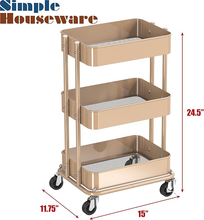 Simple Houseware 3-Tier Compact Utility Rolling Cart, Low 24” Height Fits Under Desk, Space-Saving Storage for Home Office, Dining Room, or Kitchen, Khaki