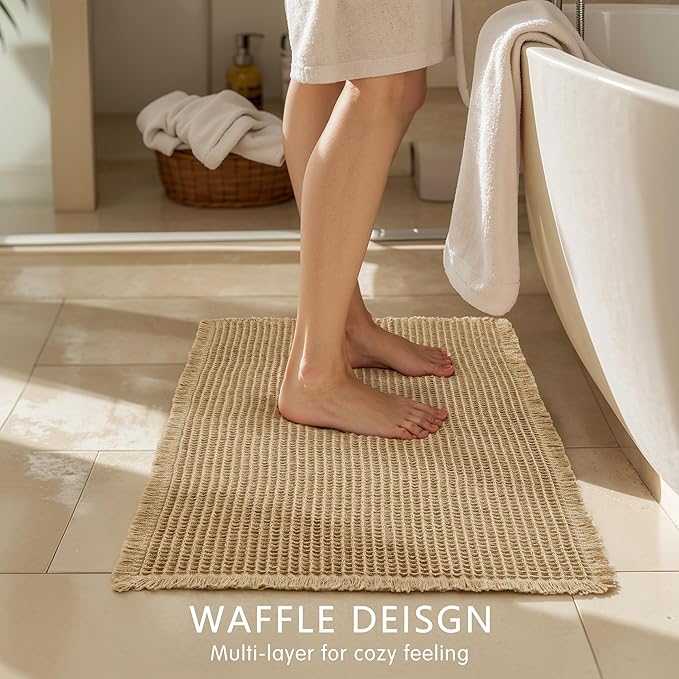 SUBRTEX Waffle Braided Bath Mat, 18" x 24" Soft Waffle Bath Rugs, Absorbent Non Slip Bathrooom Mats, Machine Washable Area Rug for Bathroom, Quick Dry, Khaki