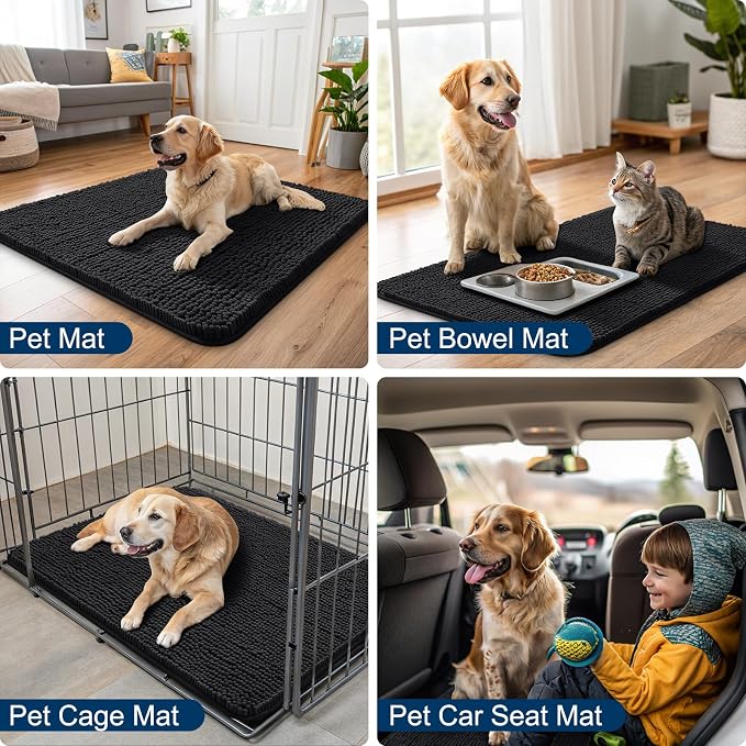 Smiry Dog Door Mat for Muddy Paws 47x17, Absorbent Dirt Trapper, Non-Slip Washable Chenille Entryway Rug for Inside Floor, Black, Classic Solid