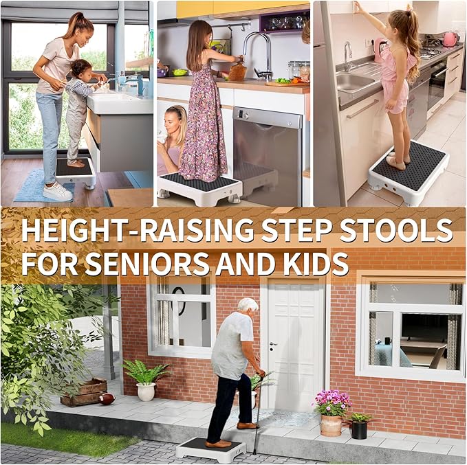 Ronlap One Step Stools for Adults, Portable Safety Step Platform for Seniors Small Plastic Bedside Step Stool Mobility Wide Step Stools Elderly Assistance for Shower Bed Car Stair Outdoor, White-Black