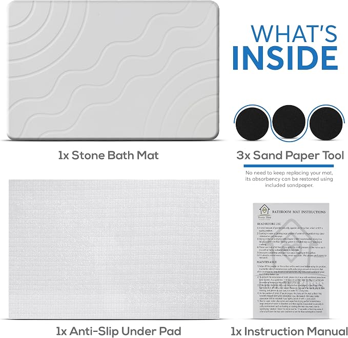Stone Bath Mat Quick Drying Diatomaceous Earth Bath Mat Non Slip Shower Mat Super Absorbent Stone Bath Mats for Bathroom, Floor, Kitchen Counter, Easy to Clean (23.6” X 15.3”, White)