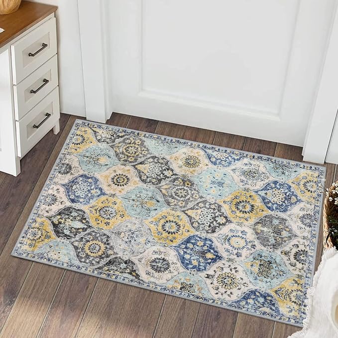 Lahome Moroccan Trellis Kitchen Rugs Non Slip Washable, 2x3 Rugs for Entryway Bathroom, Non-Slip Indoor Door Mat Ultra-Thin, Oriental Small Carpet for Bedroom Entry Elise, Yellow/Aqua