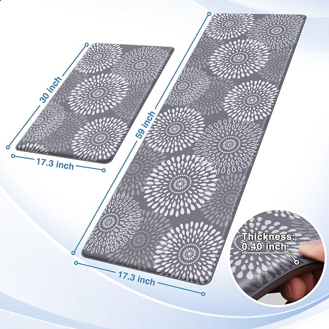 LuxStep Kitchen Mats for Floor,Cushioned Rug Anti-Fatigue Mats for Kitchen Decor Accessories,Waterproof Non-Slip Mats and Rugs Set for Office,Floor,Laundry 17.3"×30"+17.3"×59",Grey
