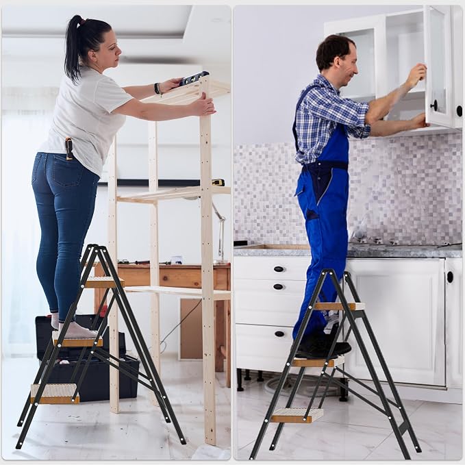 DIAMONDFORGE 3 Step Ladder, Lightweight Folding Step with Wide Anti-Slip Pedal & Feet, 330 lbs Capacity,Sturdy Steel Step Ladder for Home,Kitchen and Office,Woodgrain