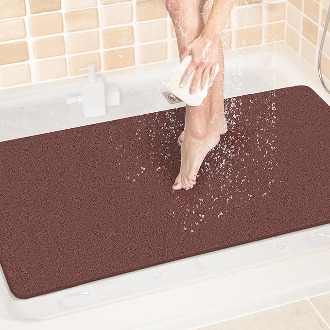 LuxStep Shower Mat Bathtub Mat,40x24 inch, Non-Slip Bath Mat with Drain, Quick Drying PVC Loofah Bathmat for Tub,Shower,Bathroom,Reddish Brown