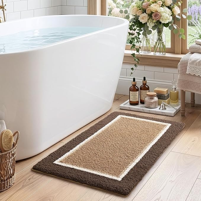 DEXI Bathroom Rugs 24x16, Absorbent Extra Soft Plush Microfiber Bath Mat for Bathroom, Non Slip Washable Bathmat Quick Dry for Shower Floor, Sink, Tub, Laundry Room, Brown and Dark Beige