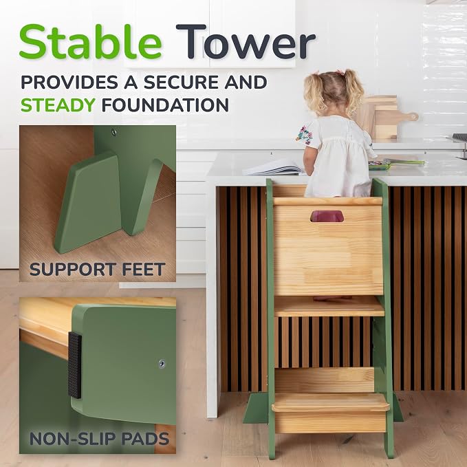 OCODILE Toddler Tower with a Sliding Door and 3 Adjustable Heights - Safe Toddler Kitchen Step Helper with Support Feet - Updated Design for 18+ Months to 6-Year-Old Kids - Green
