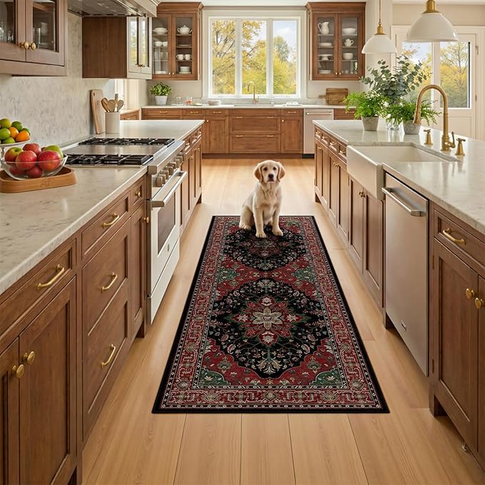 RELEANY Area Rugs Runner 2'x6' Washable Non-Slip, Floral Vintage Distress Medallion Carpet for Kitchen Hallway Bedroom Beside Laundry Room Bathroom, Red Black
