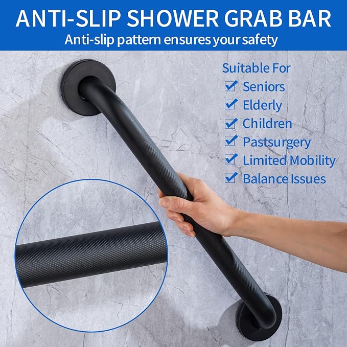 Anti-Slip Shower Grab Bar for Seniors Disabled,Bathroom Safety Bars for Wall Mount,High Load Capacity Toilet Grab Bars,Water-Resistant Shower Safety Bars for Elderly (Black Knurled, 12-inch Grab Bar)