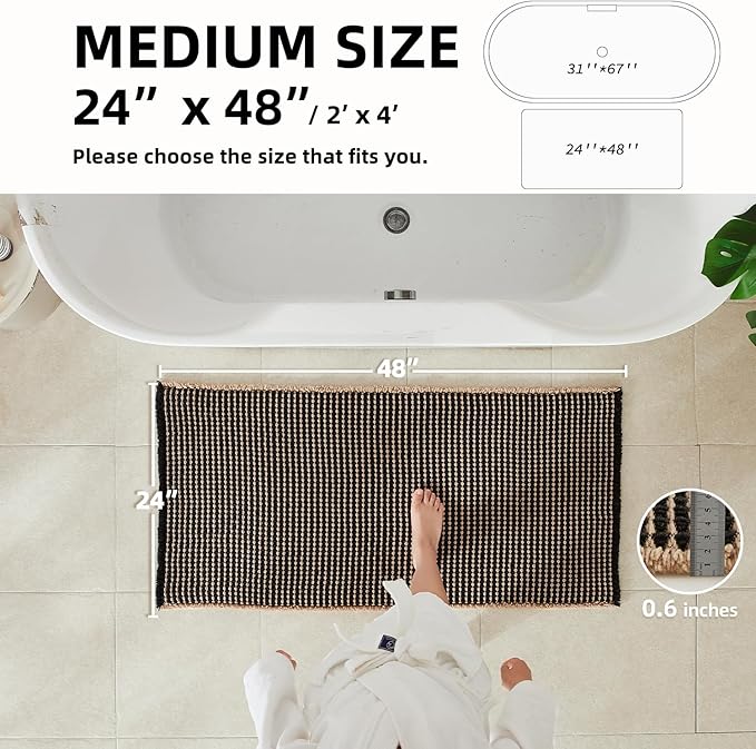 TYUU Waffle Bath Mat, Boho Bathroom Rugs Non Slip Washable Super Absorbent Quick Dry Bath Mat Farmhouse Bathroom Decor, 48"x24" Khaki and Black