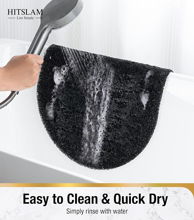 HITSLAM Oval Loofah Shower Mat Non Slip, 27x16 Inch Bath Mat for Textured Tub & Inside Shower Stall, No Suction Cups Quick Drying PVC Porous Floor Mat, Soft Foot Exfoliating Bathtub Mat, Black