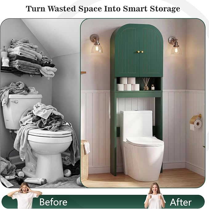Over the Toilet Storage Cabinet, 70" Tall Bathroom Space Saver with Fluted Grooved Doors, Freestanding Over Toilet Organizer with Adjustable Shelves & Soft-Close Hinges for Small Bathrooms (Green)