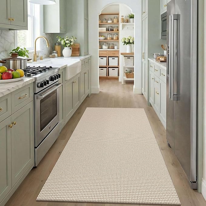 KOZYFLY Washable 4x5 Entry Woven Area Rug, Braided Throw Rugs for Entryway, Non Slip Door Mat Indoor Entrance, Flatweave Carpet for Foyer, Bedroom, Dining, Office, Ivory/Camel/Brown