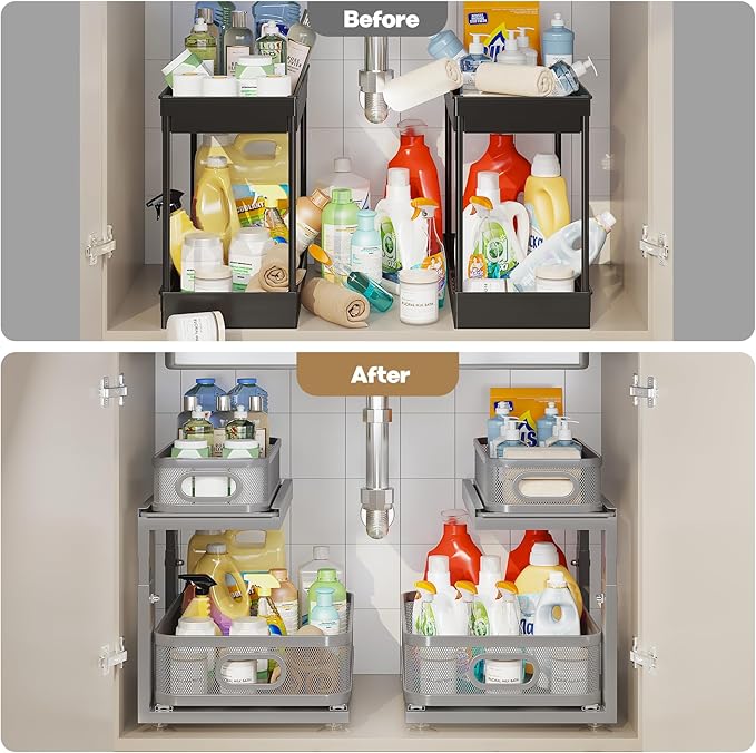 1 Pack Under Sink Organizer With Next-Gen Ball-Bearing Slides,2-Tier Precision Mesh Pull Out Cabinet Storage for Bathroom&Kitchen,Height Adjustable Drawers Shelf,Anti-rust-Grey